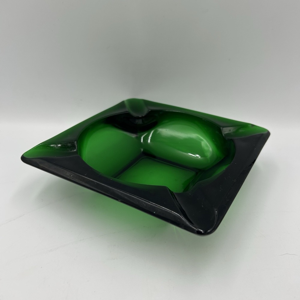 Vintage Emerald Green Square Glass Ashtray-4 Slot-Mid Century